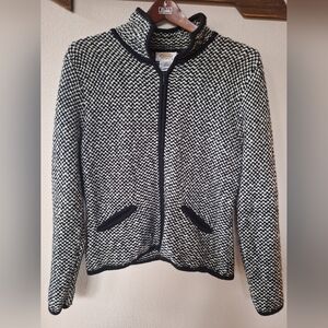 Talbots Petites Womens Zip Up Wool Blend Black/White Sweater Jacket Size M
